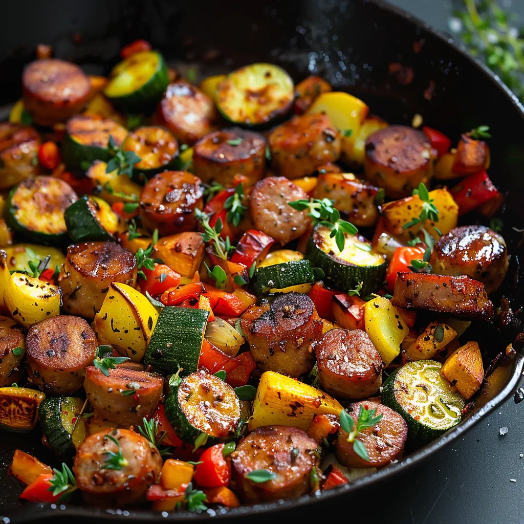 A black skillet filled with sausage, zucchini, and peppers.