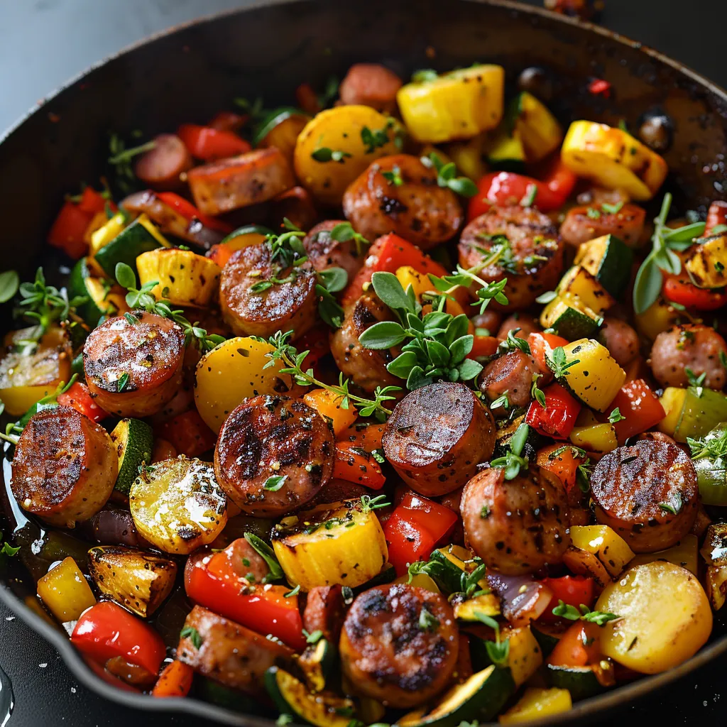 A pan of food with sausage, peppers, and onions.