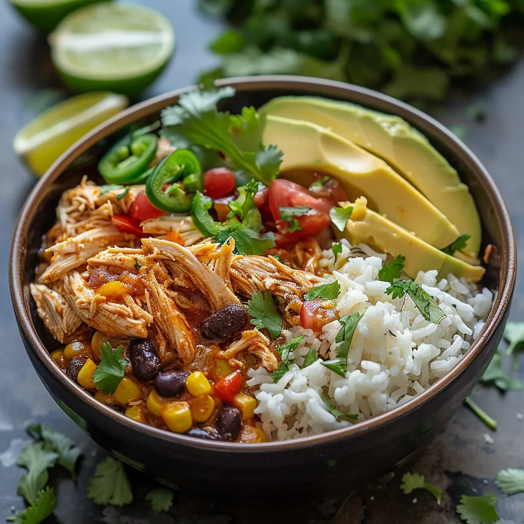 A colorful bowl with rice, beans, sliced avocado, tomatoes, and lime wedges.