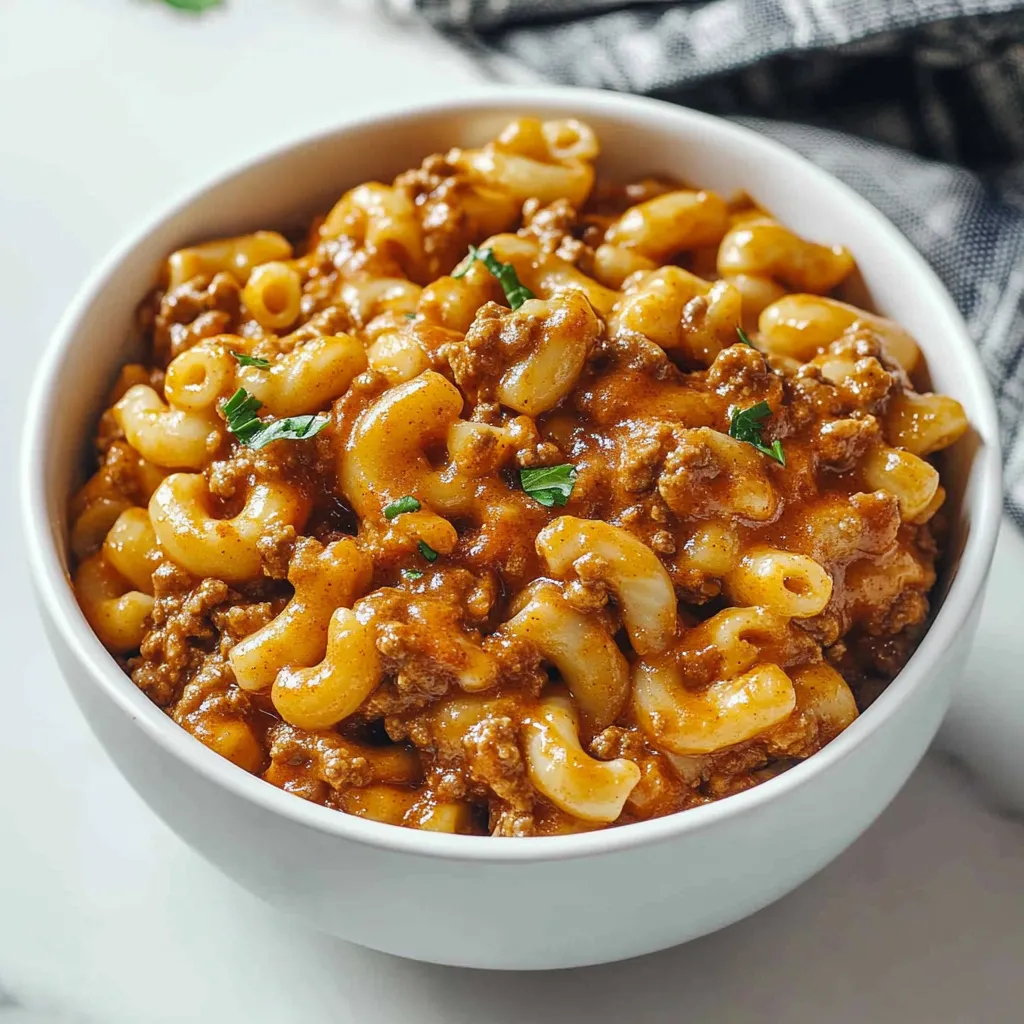 A bowl with cheesy macaroni, beans, and beef.