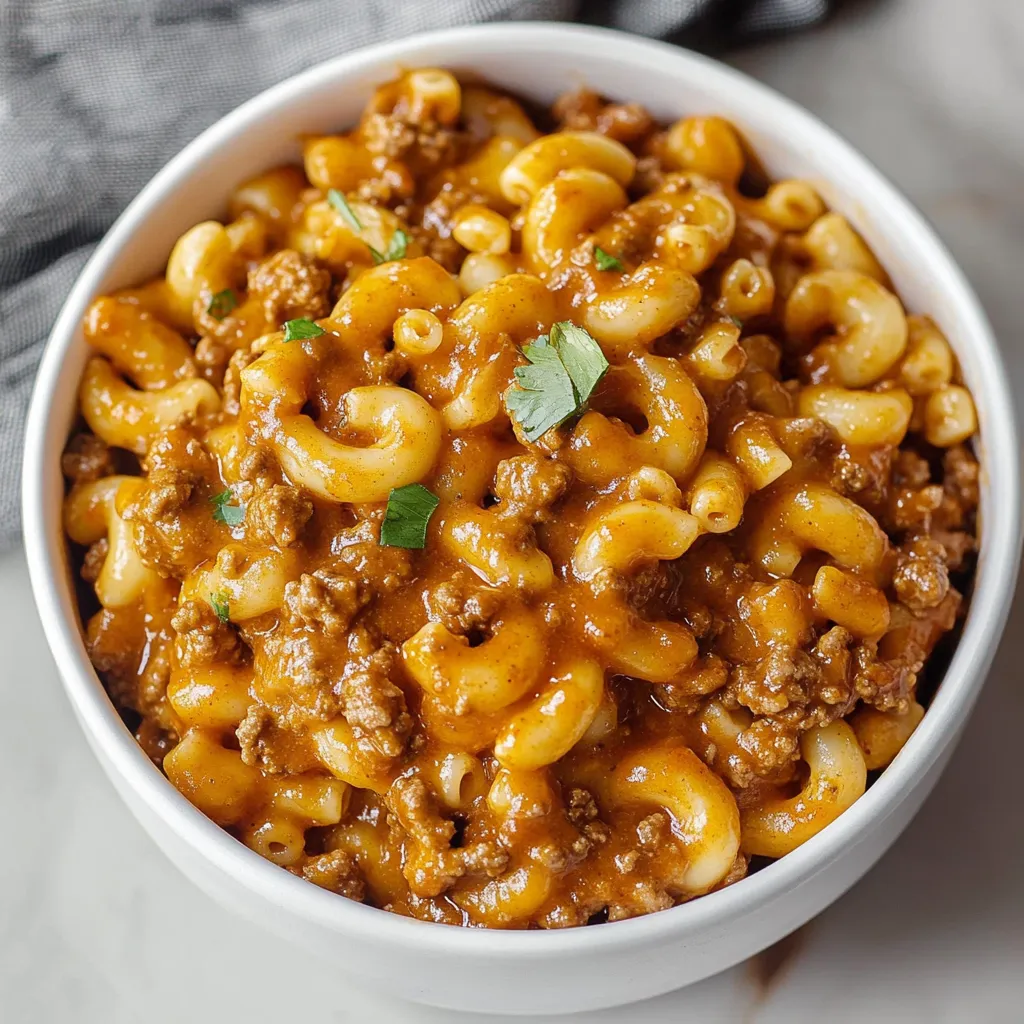 A bowl filled with macaroni and beef.