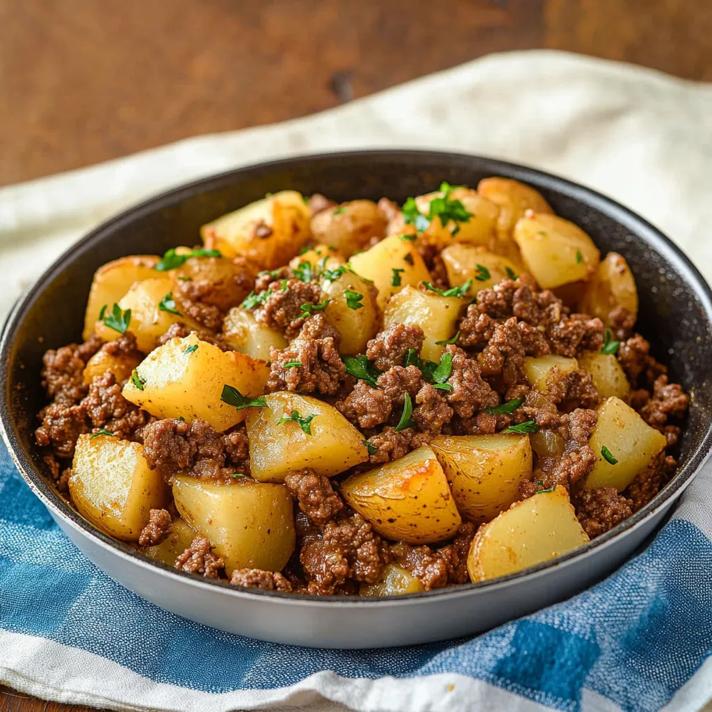 A big bowl loaded with beef and potatoes.