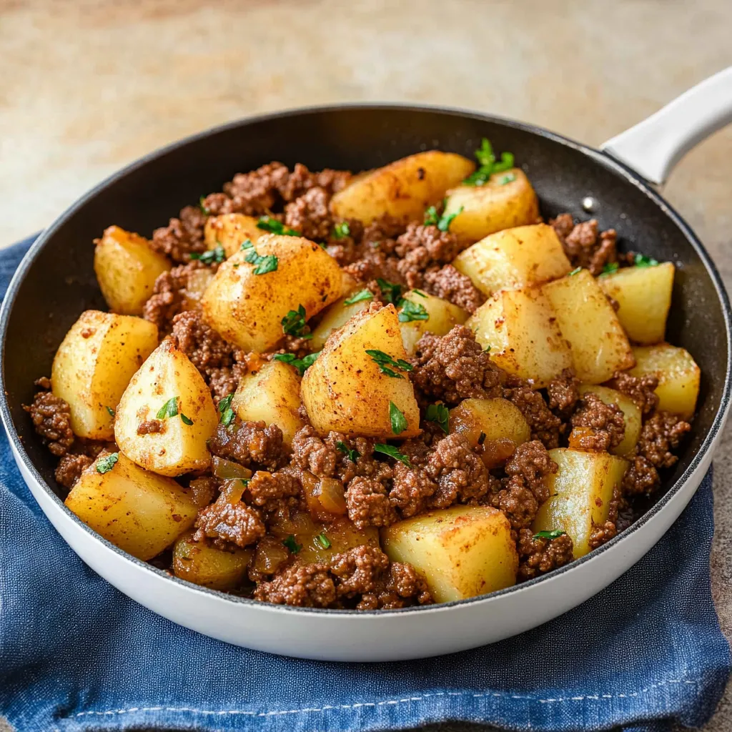 A pan of food with potatoes and meat.