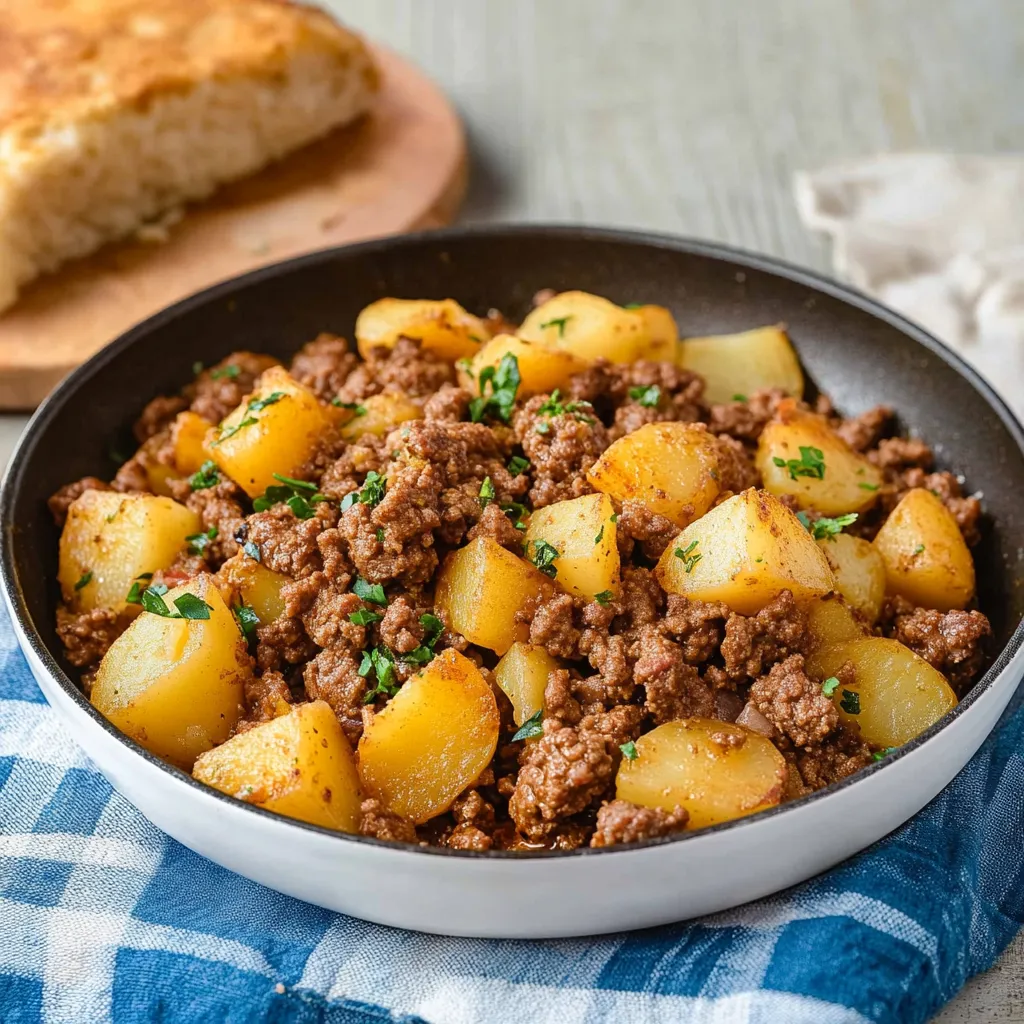 A bowl of meat and potatoes.