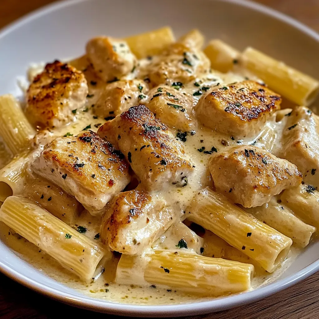 A plate filled with pasta and golden chicken pieces.