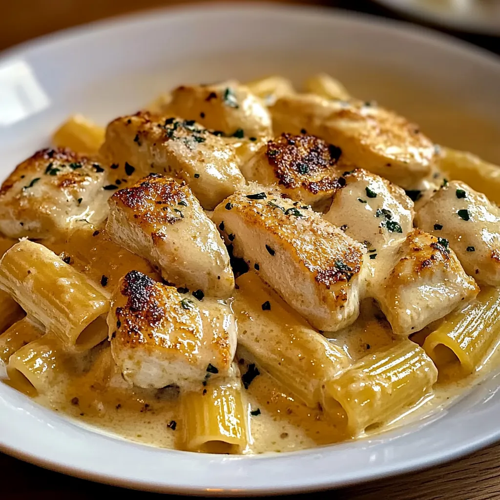 A plate loaded with creamy pasta and juicy chicken bites.