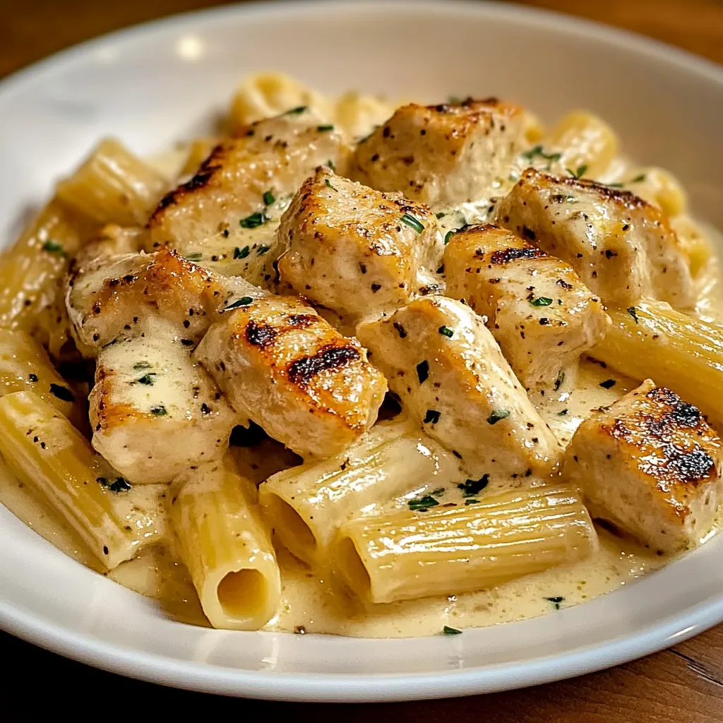 A bowl topped with creamy chicken and pasta.