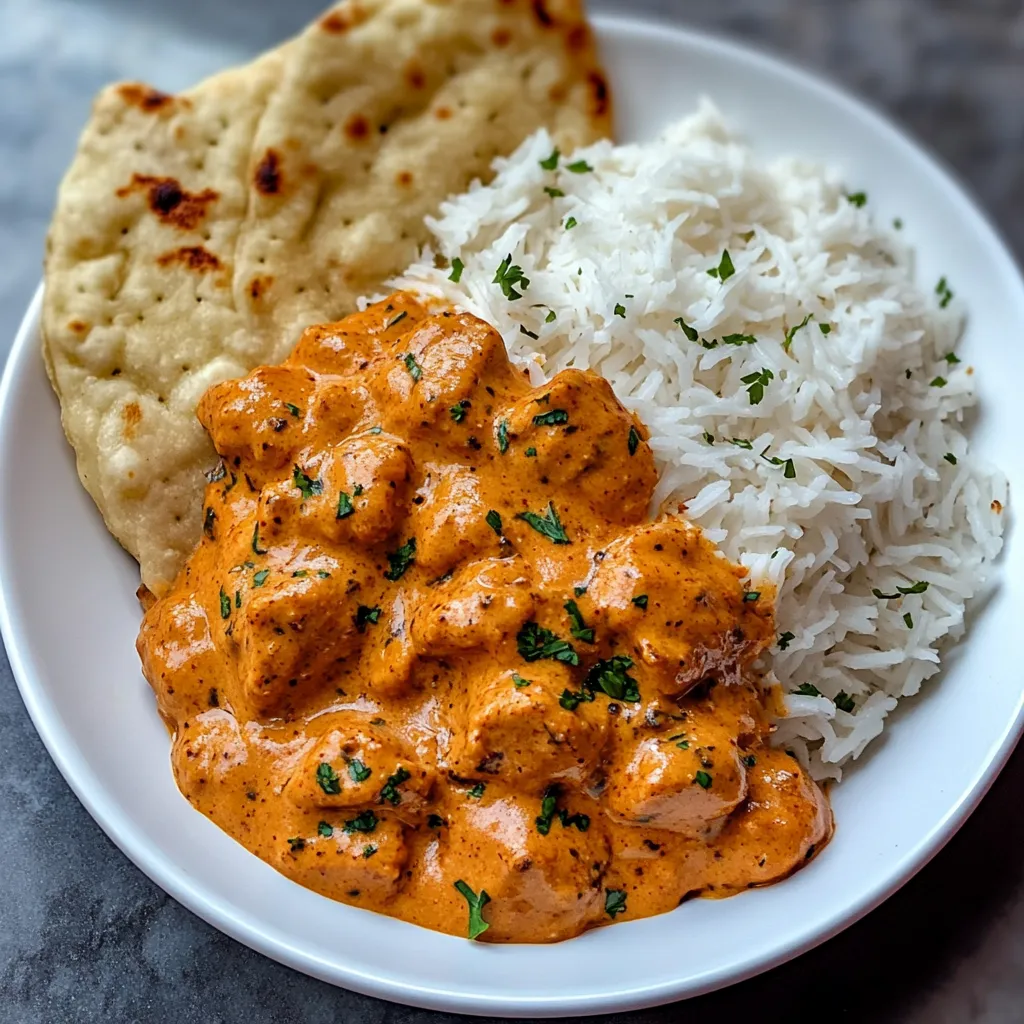 A plate with buttery chicken, rice, and flatbread.