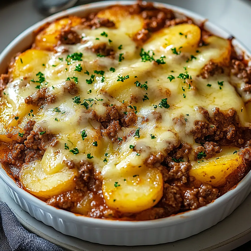 A white bowl filled with meat and potatoes.