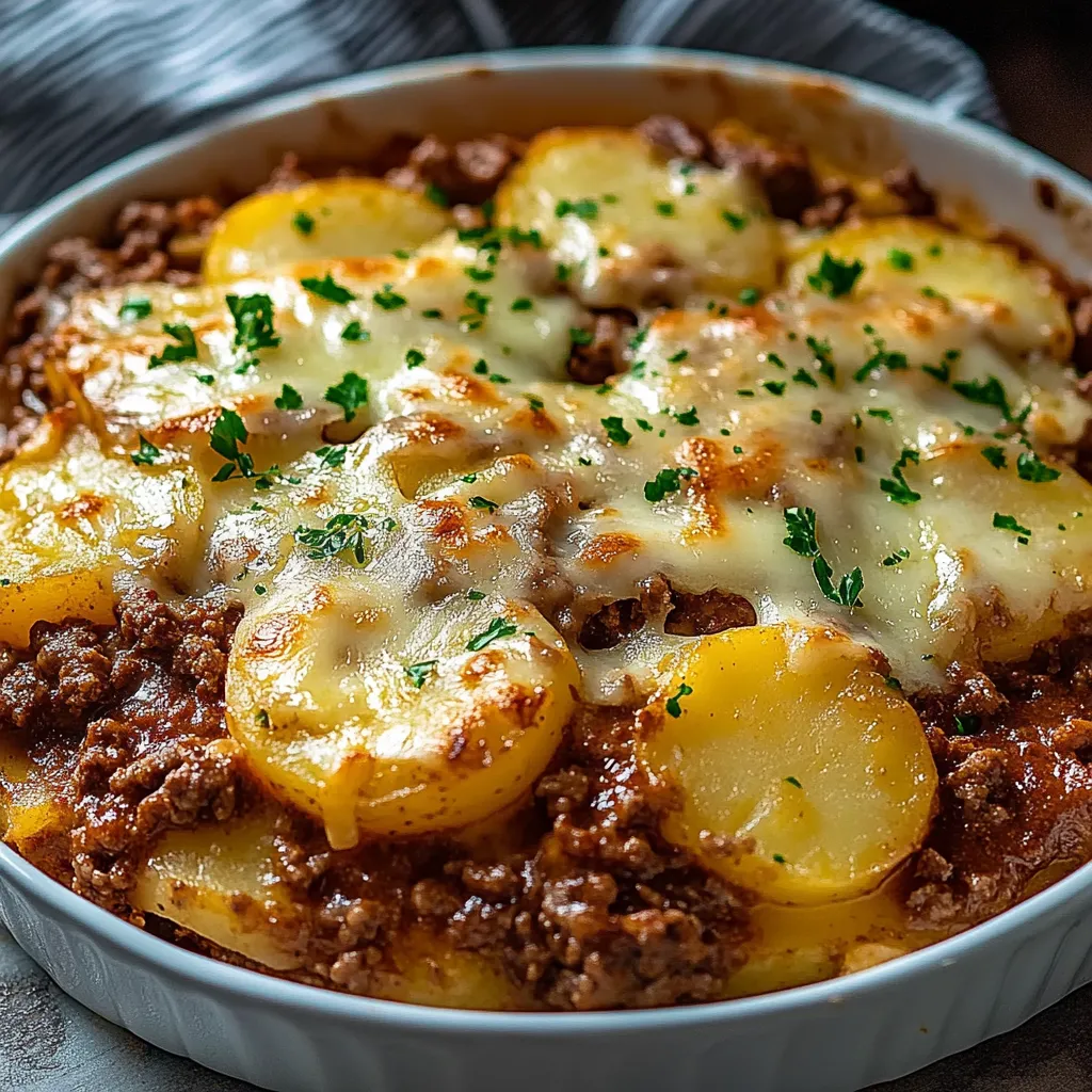A bowl with cheesy potatoes and beef.
