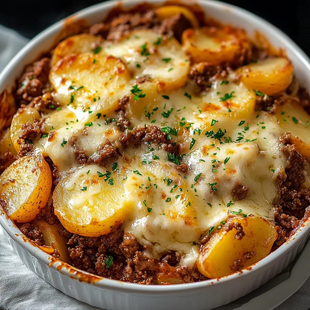 A white bowl filled with cheesy casserole.