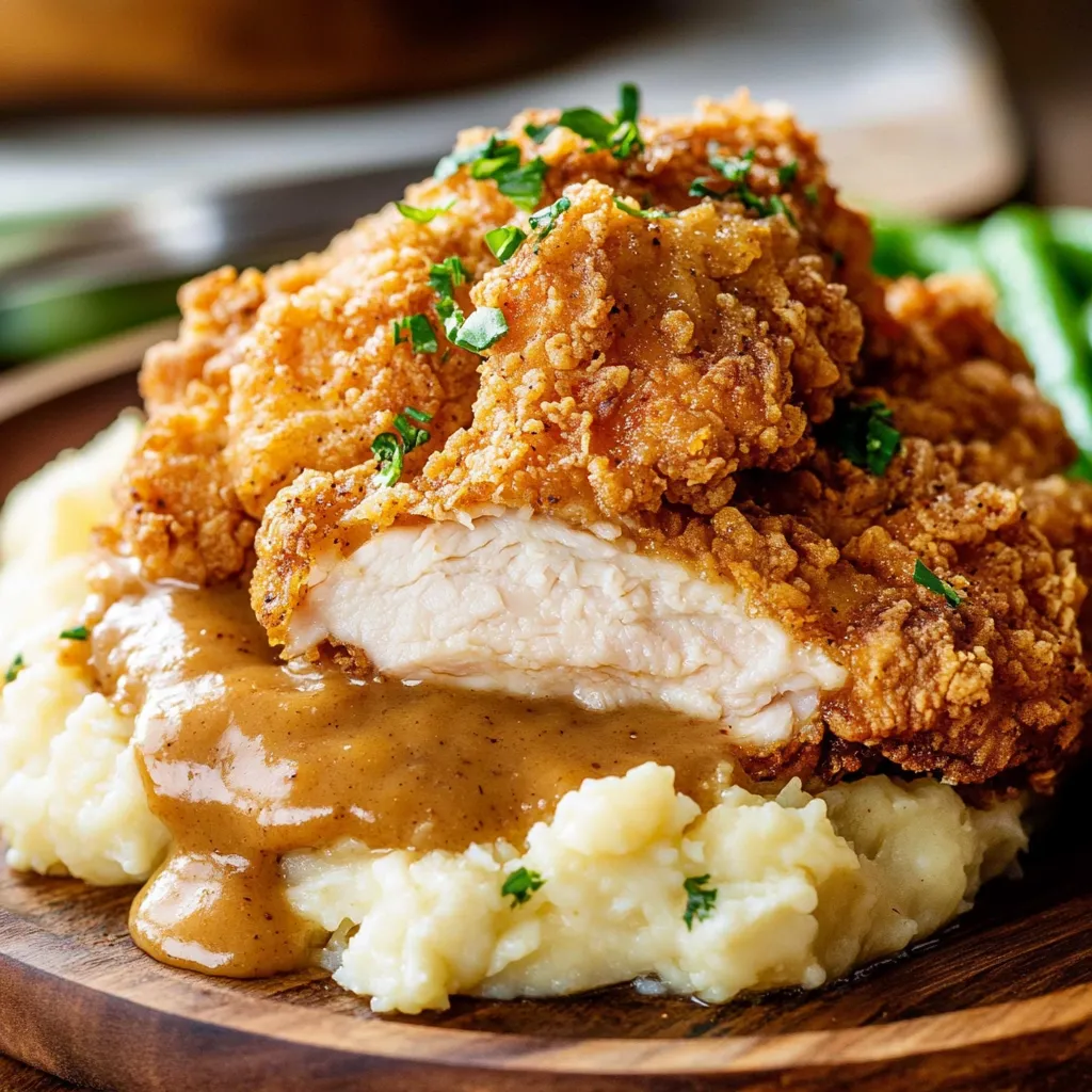 Chicken with creamy gravy over mashed potatoes.