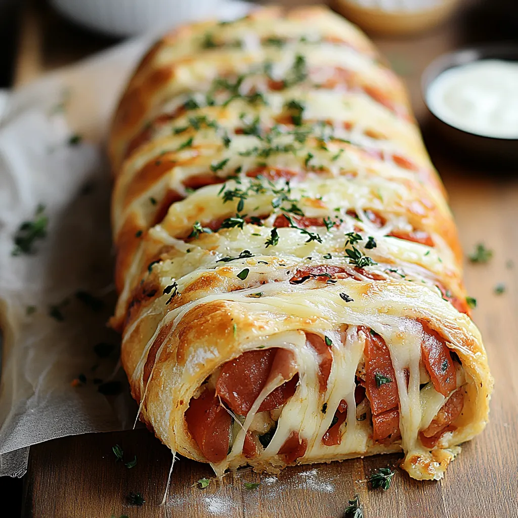 A golden stromboli loaded with cheese and meat on a plate.