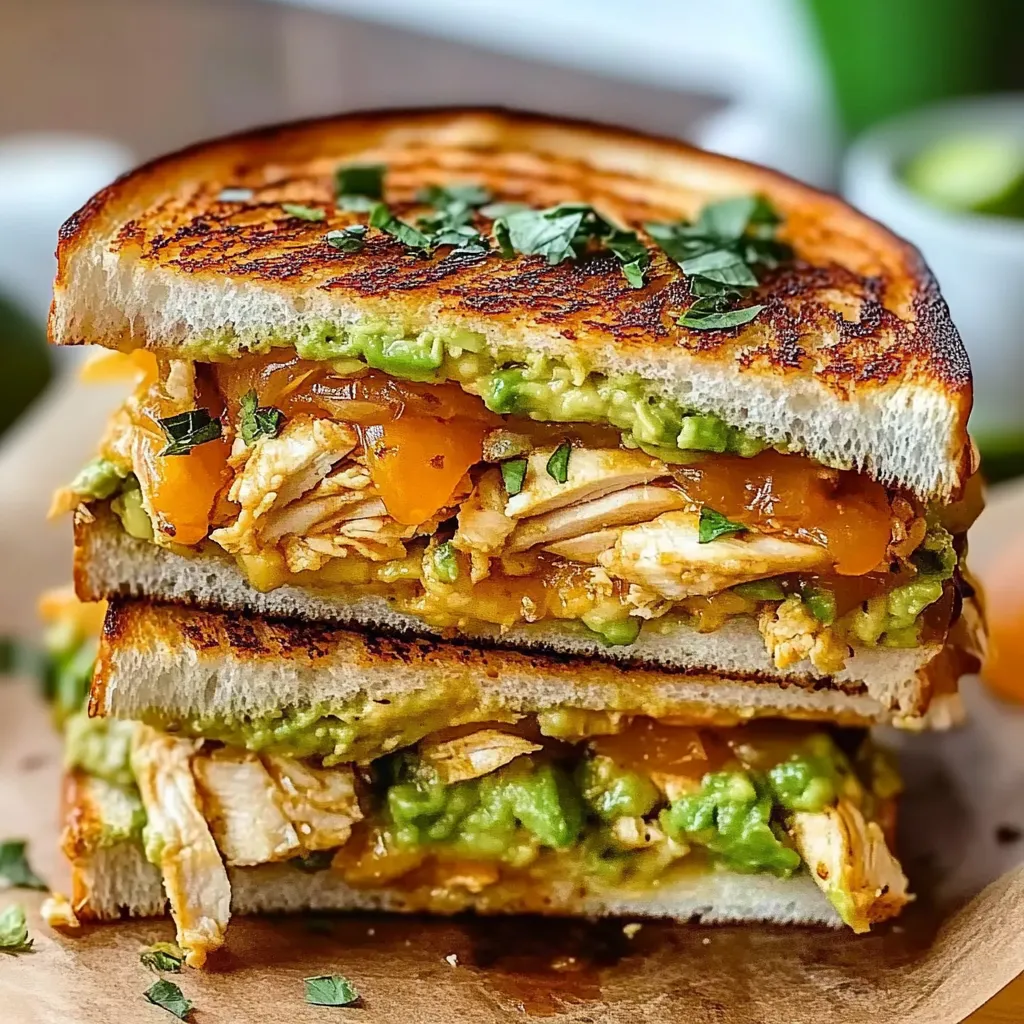 A sandwich with chicken, avocado, and tomato.