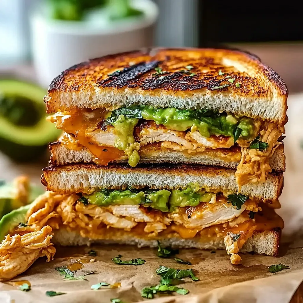 A sandwich with meat, avocado, and guacamole.