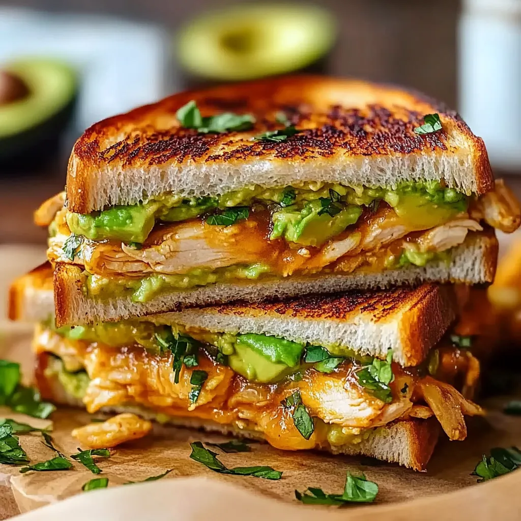 A sandwich with chicken, avocado, and lettuce.