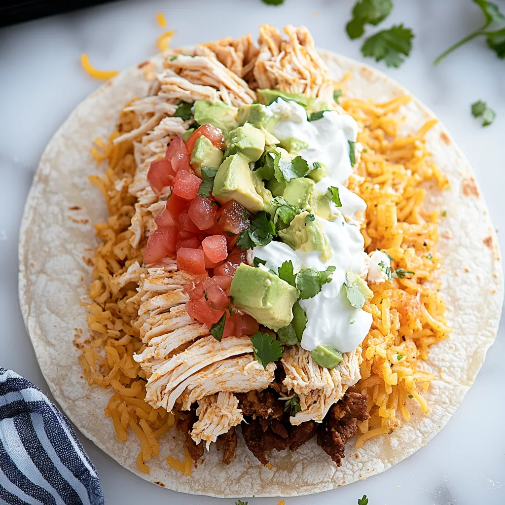 A taco stuffed with chicken, avocado, tomatoes, and a dollop of sour cream.