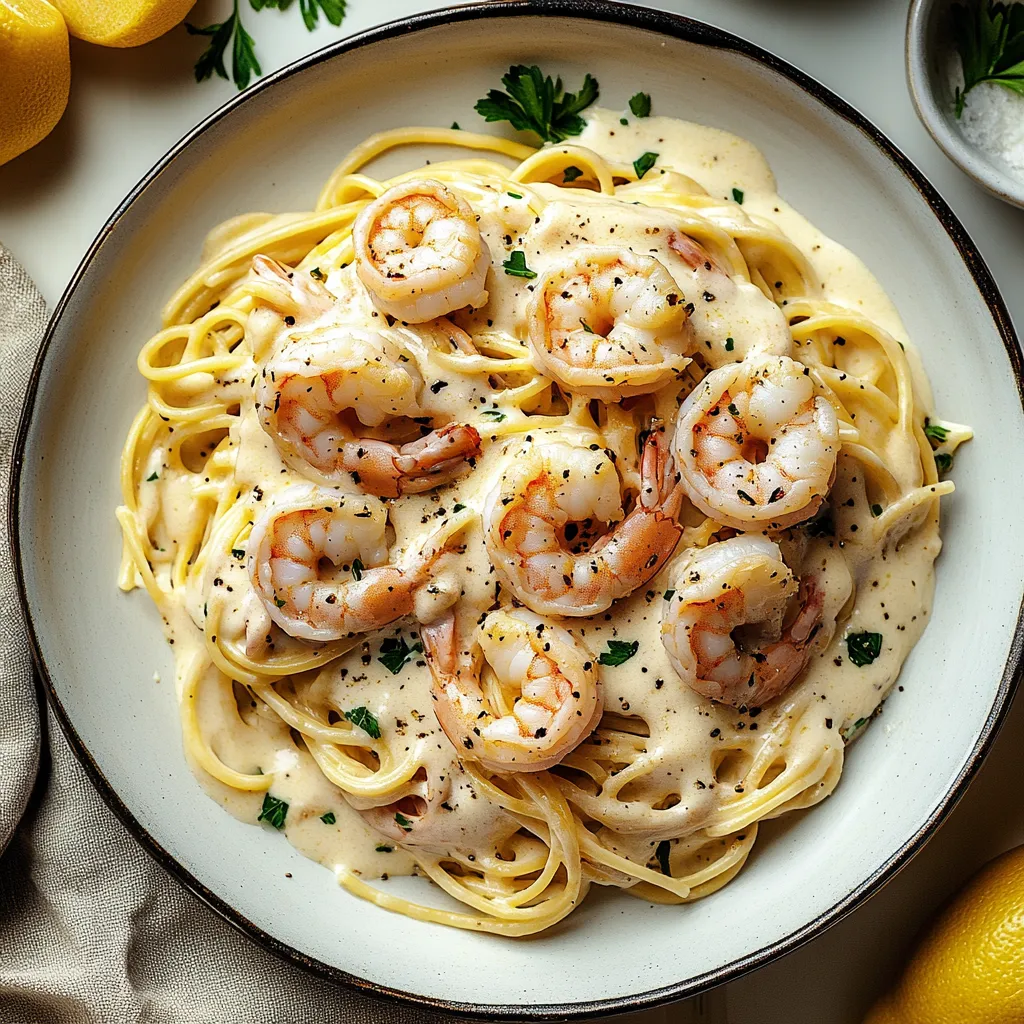 Pasta with shrimp and lemon wedges on a plate.
