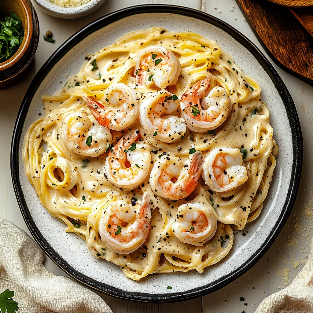 A plate of shrimp and pasta.