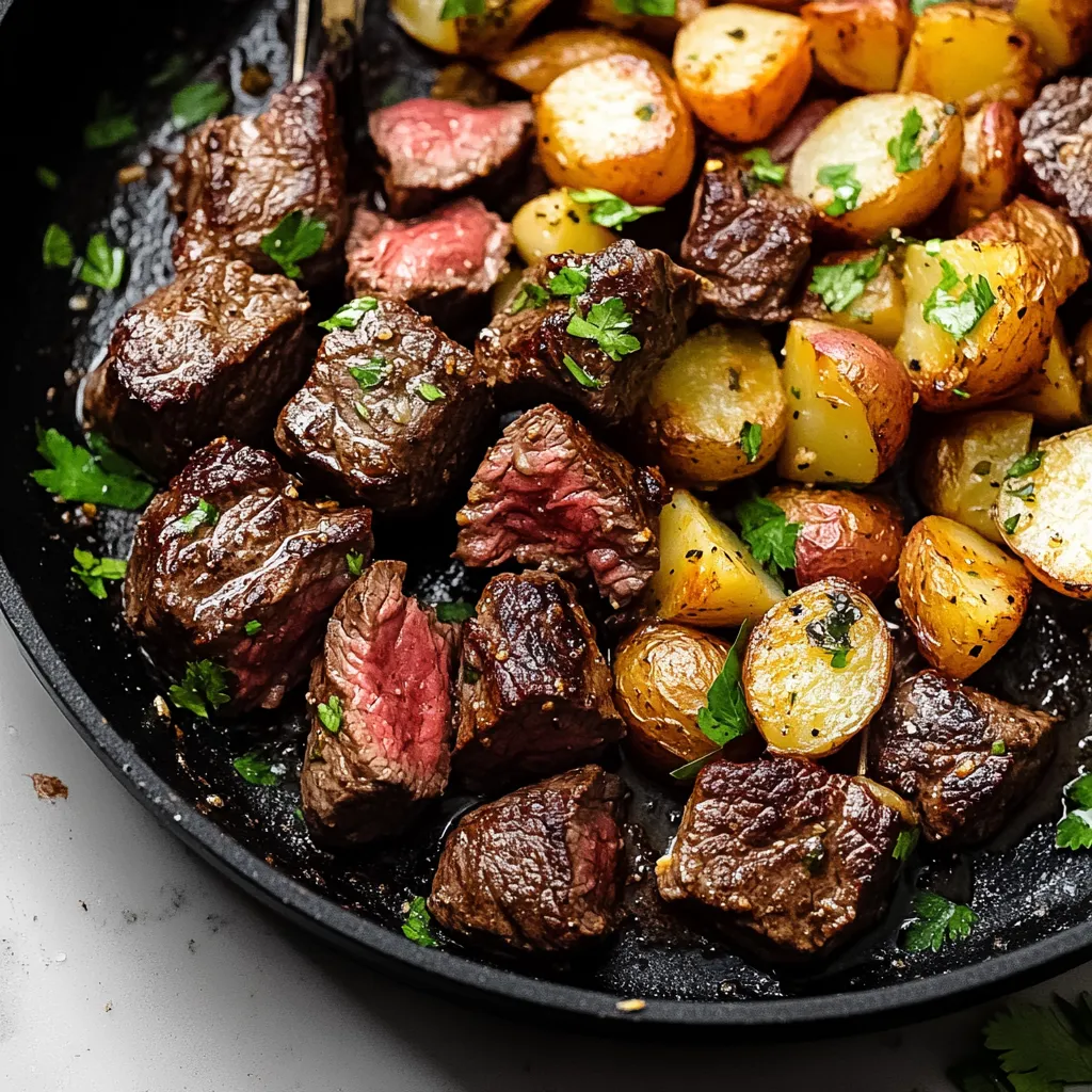 A black bowl of meat and potatoes.