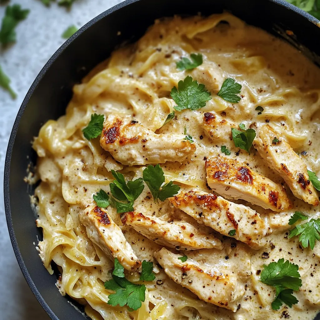 A bowl of pasta with chicken and herbs.