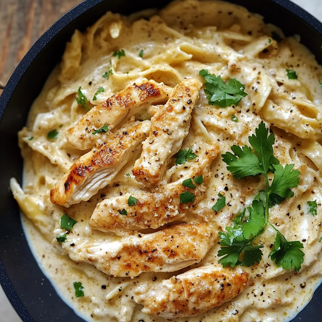 A bowl of pasta with chicken and herbs.