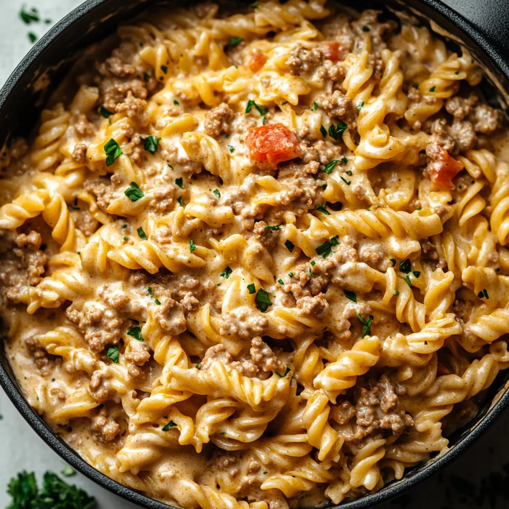 Big bowl of noodles, beef, and tomatoes.