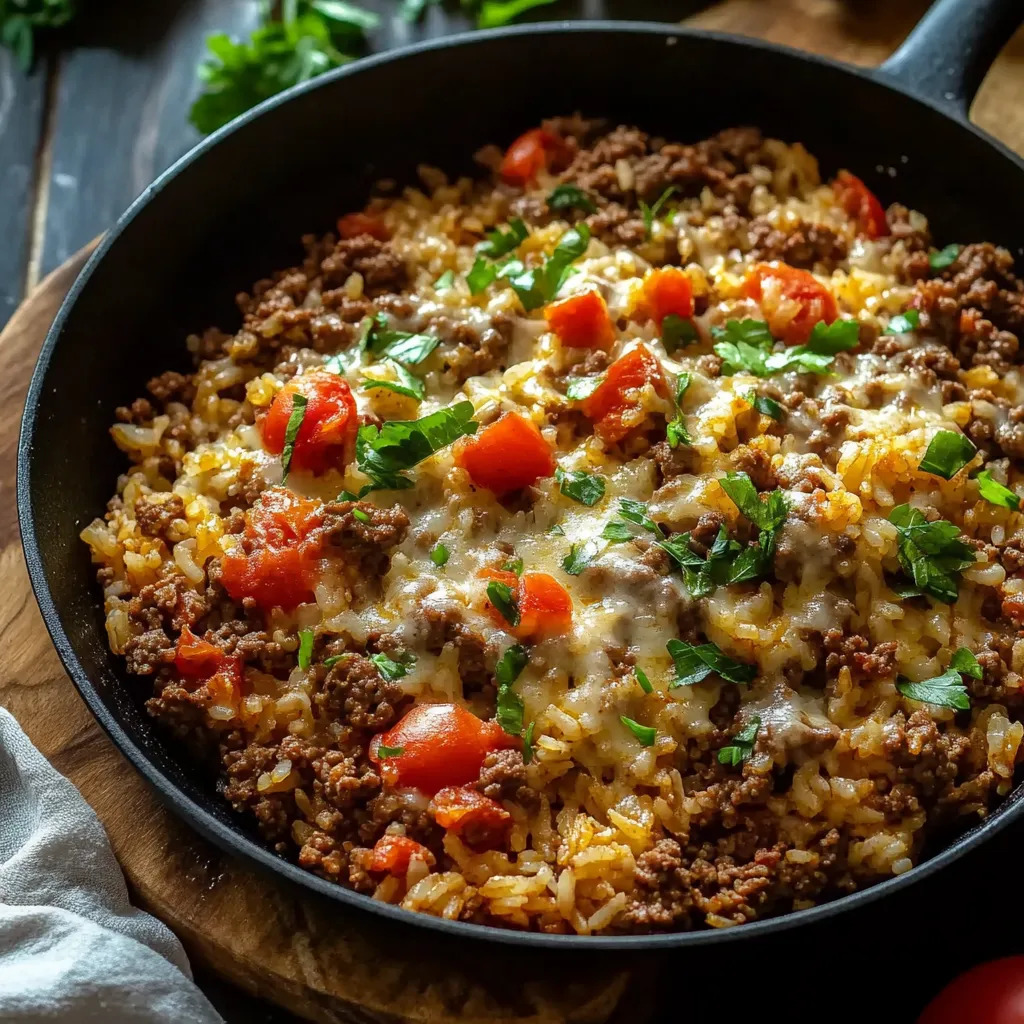 A pan filled with beef, rice, tomato, and herbs.