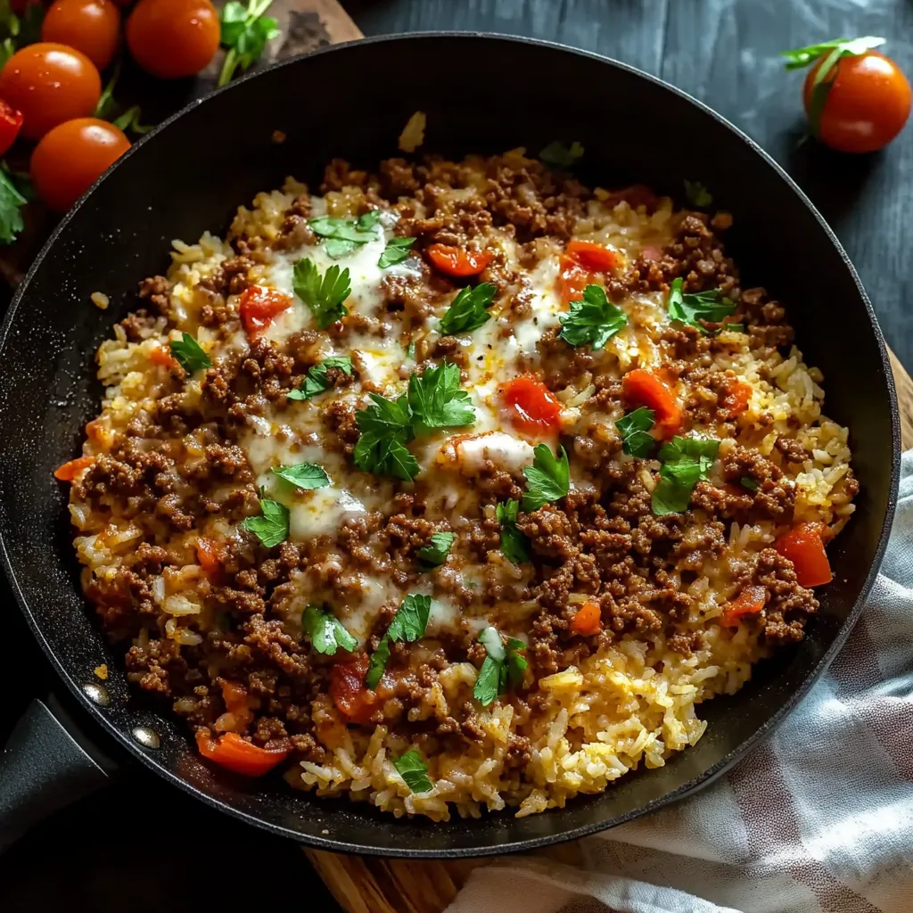 A pan with beef and rice sizzling together.