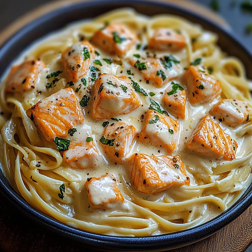 A bowl of pasta with chicken and herbs.