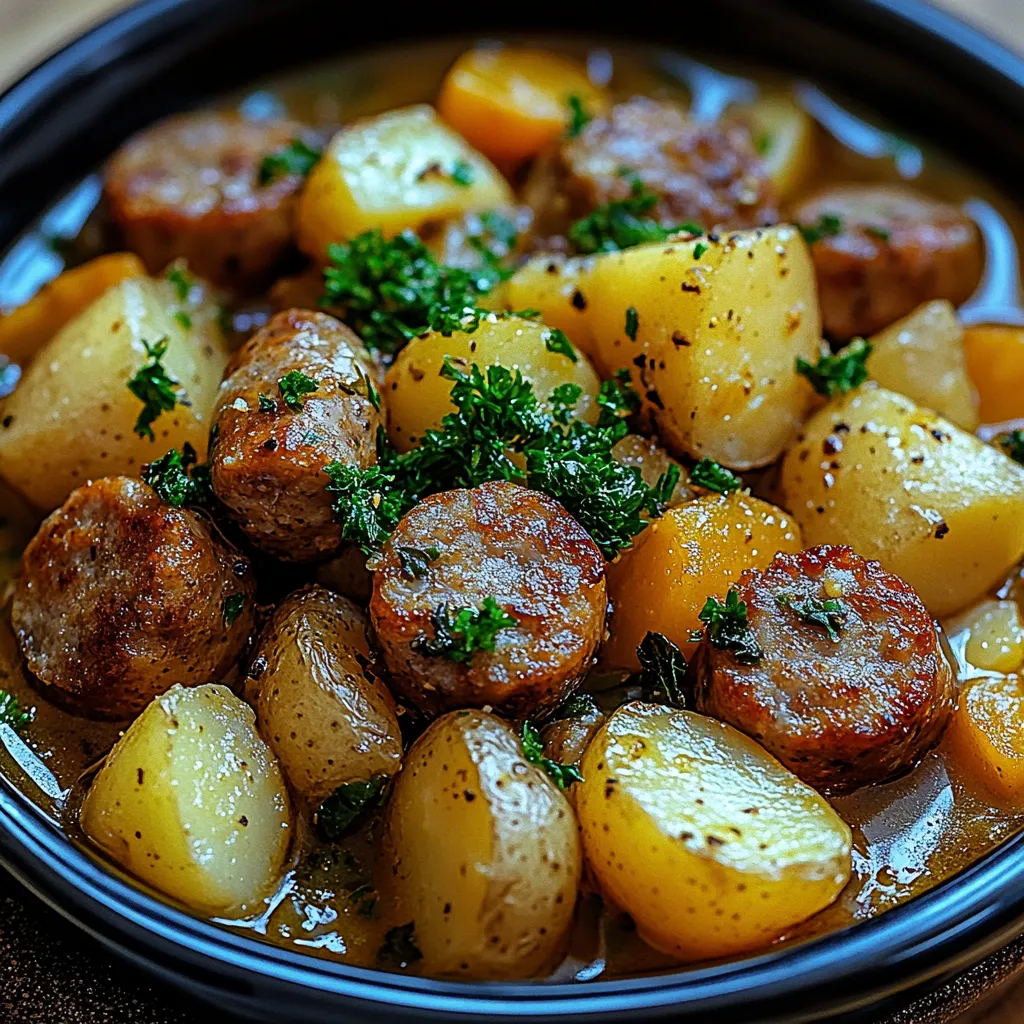 A bowl of sausage and potatoes.