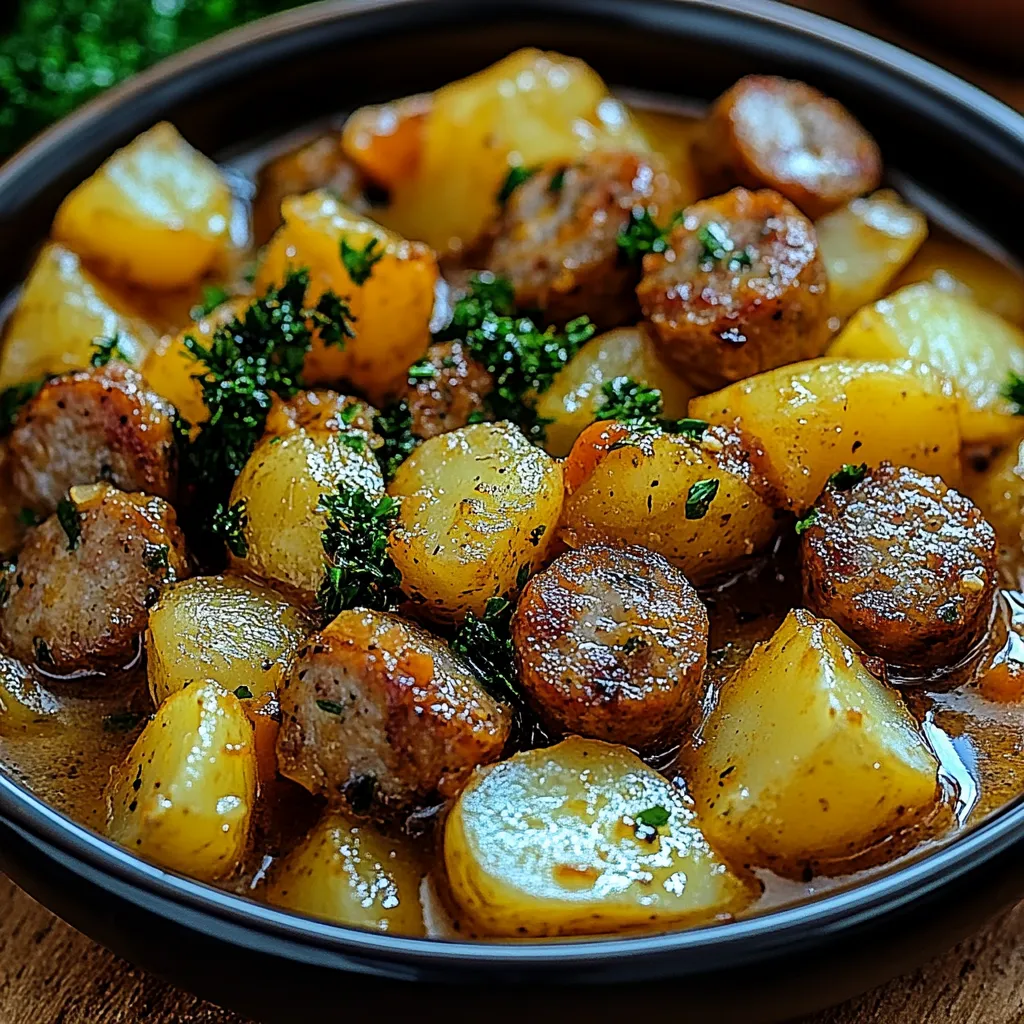 A bowl of sausage and potatoes.