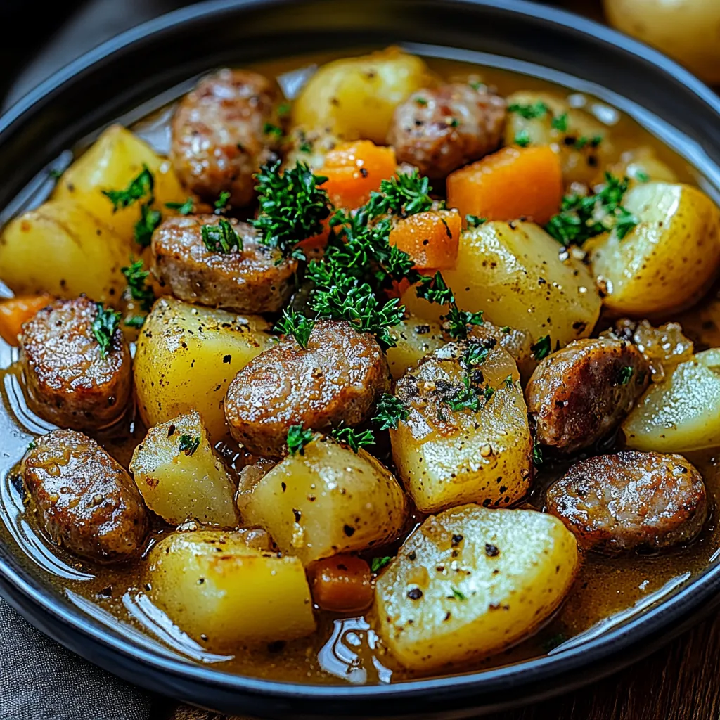 A bowl of sausage and potatoes.