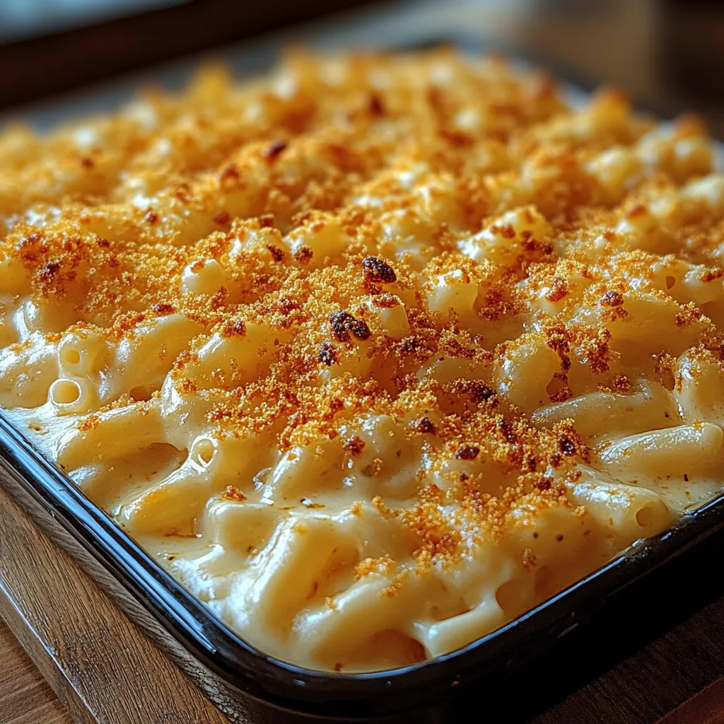 A pan of macaroni and cheese with a crispy topping.