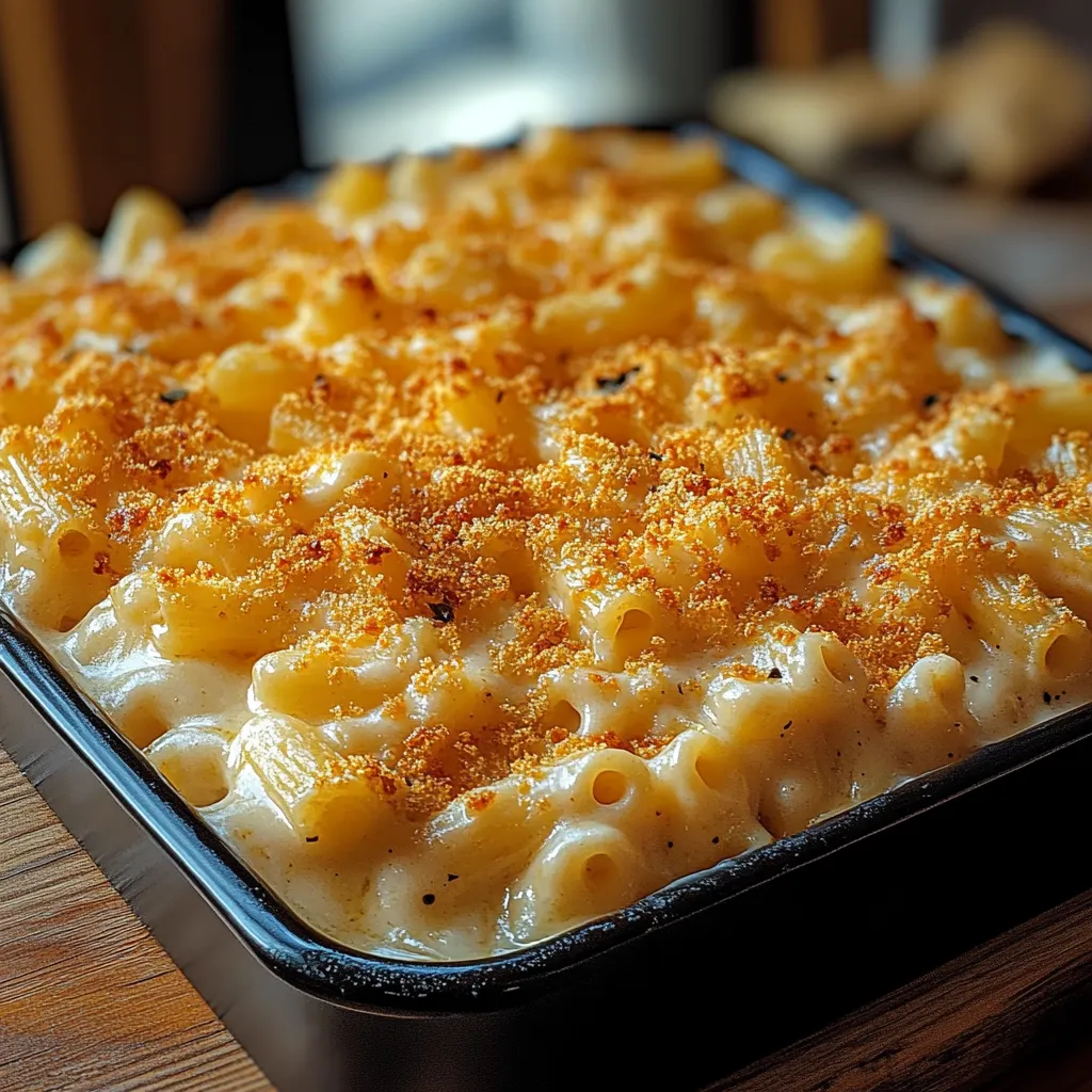 A pan of macaroni and cheese.