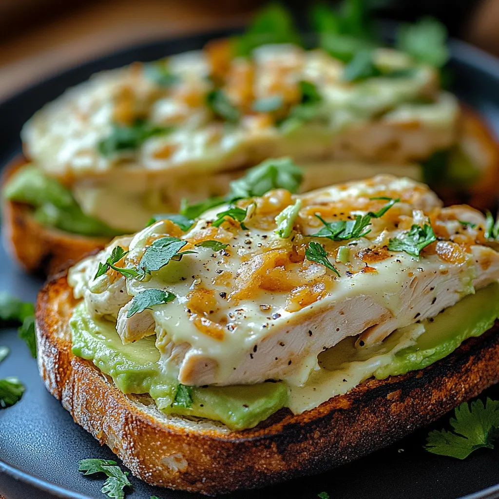 Two pieces of bread with chicken and avocado on top.