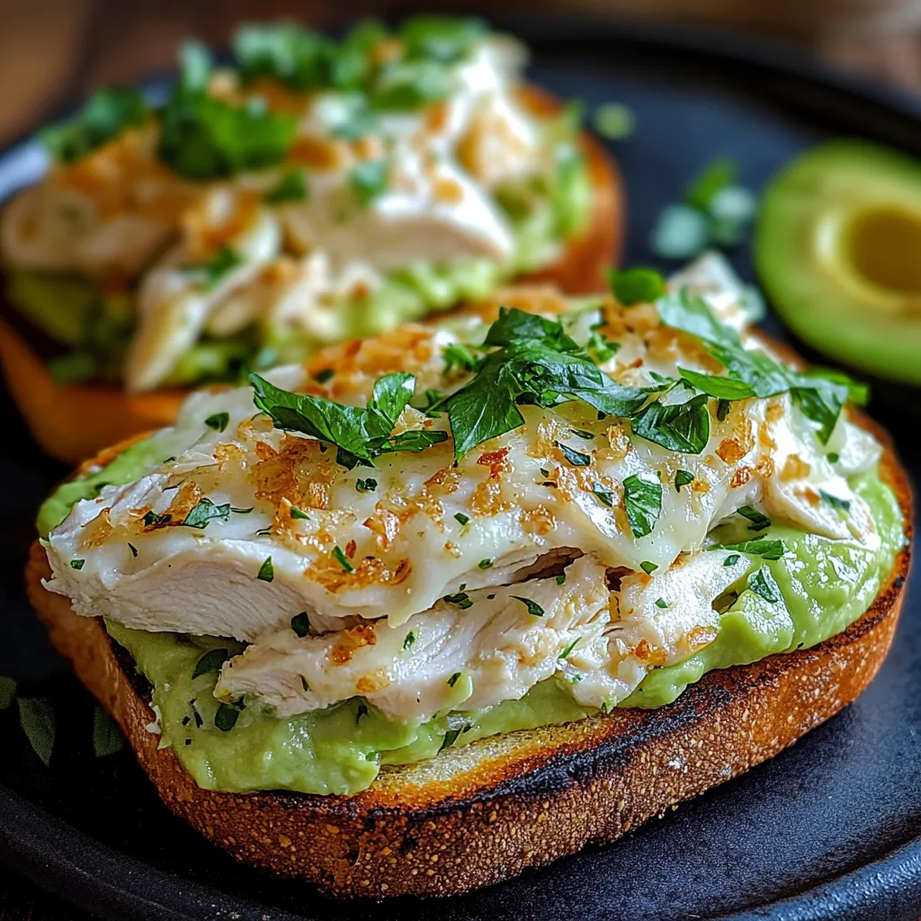 A sandwich with chicken and avocado on a black plate.