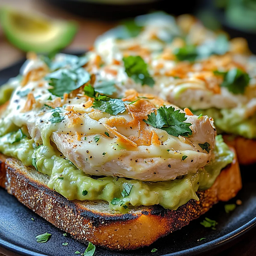 A sandwich with chicken and avocado on a toasted bun.