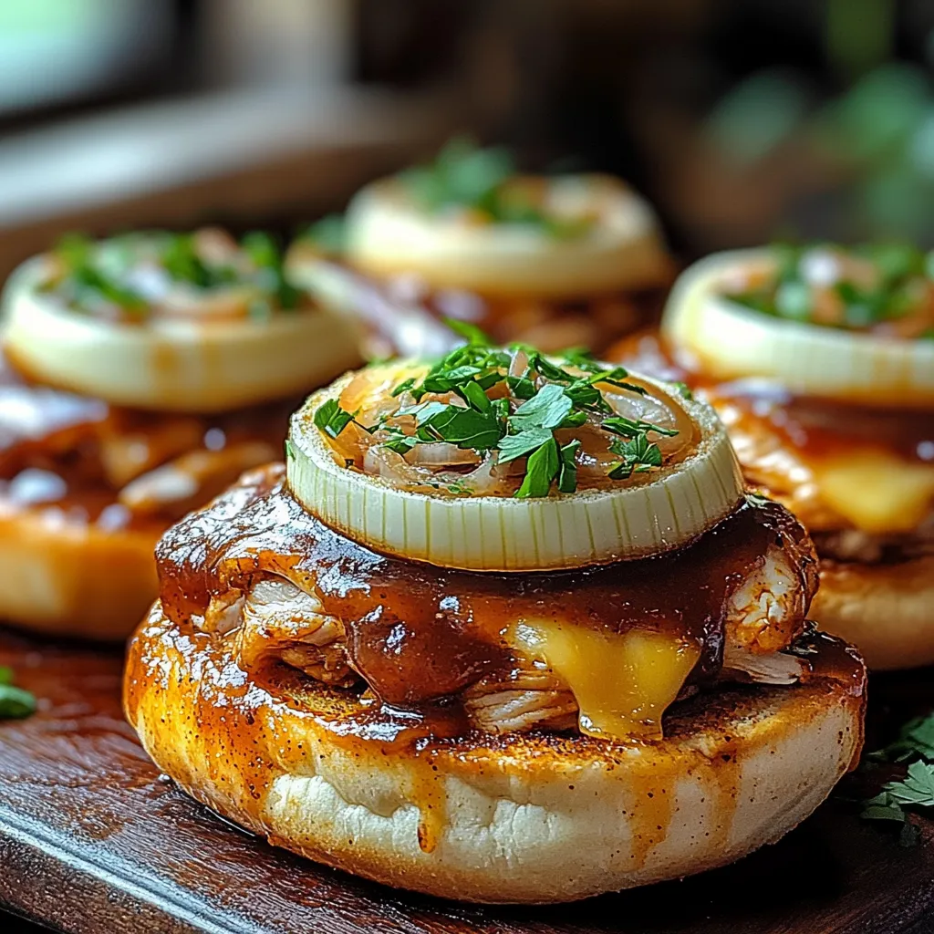 A plate of sandwiches with onions on top.