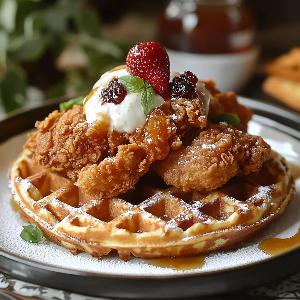A plate of food with a waffle and a strawberry on top.