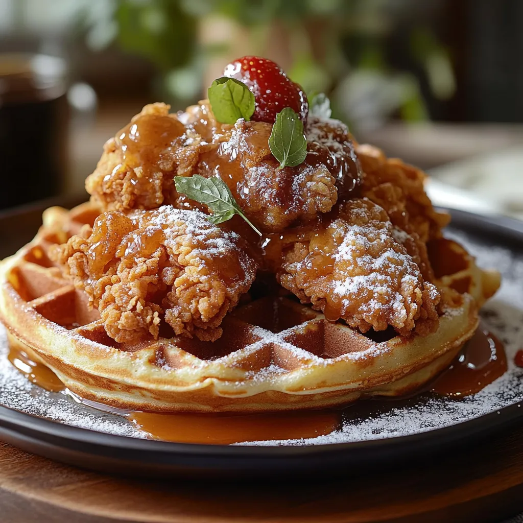 A plate of chicken with a waffle on top.