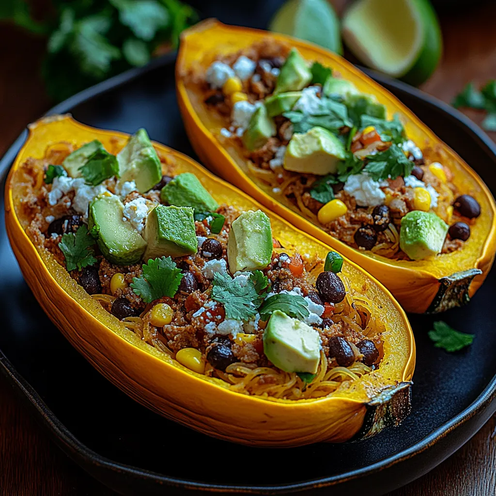 Two halves of a butternut squash filled with rice, beans, and avocado.