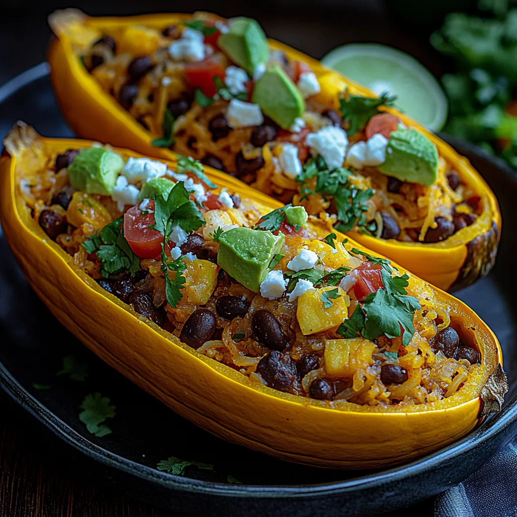 Two slices of a yellow squash with black beans and cheese.
