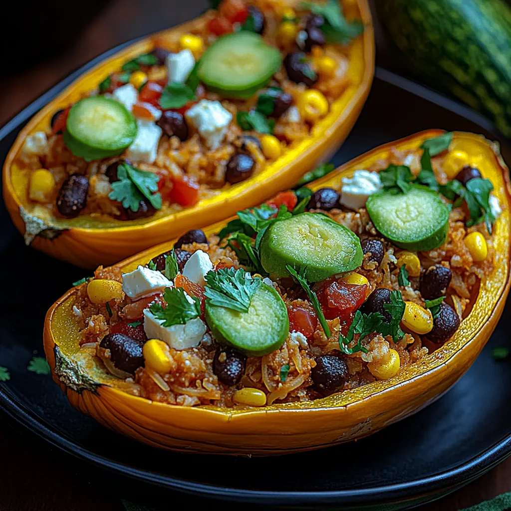 Two halves of a squash filled with rice and vegetables.