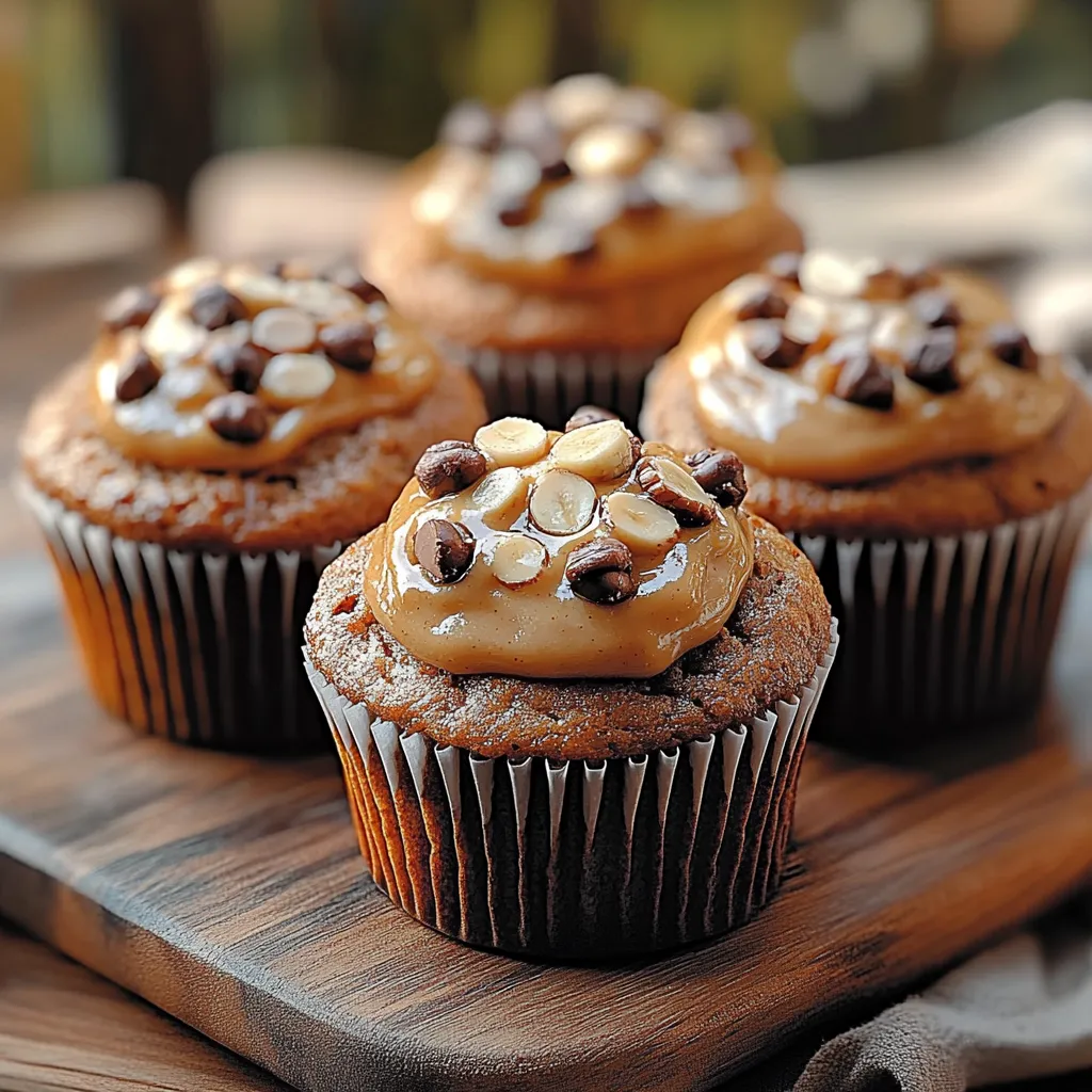 Four cupcakes with chocolate frosting and nuts.