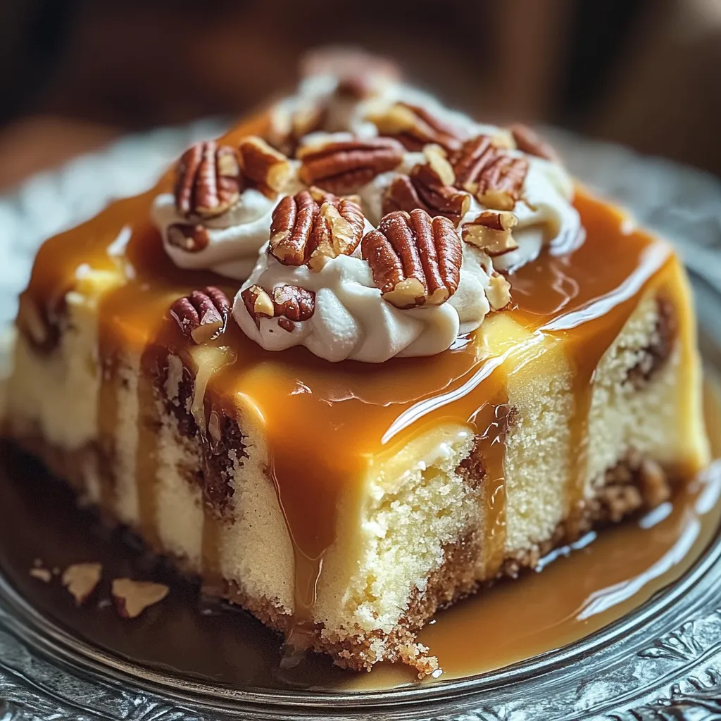 A slice of cake with pecans and caramel sauce.