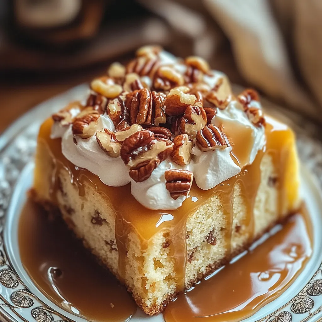 A slice of cake with whipped cream and nuts on top.