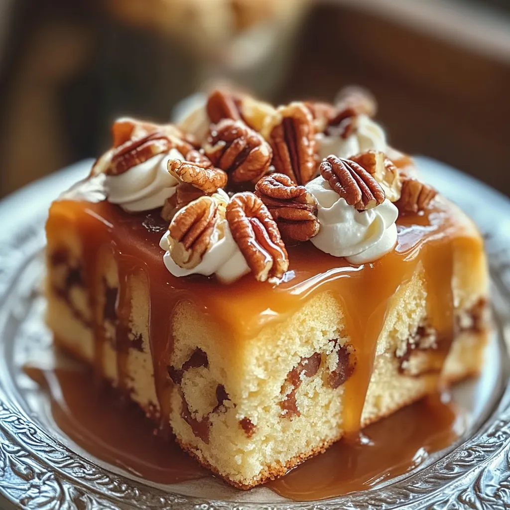 A slice of cake with pecans and caramel sauce.