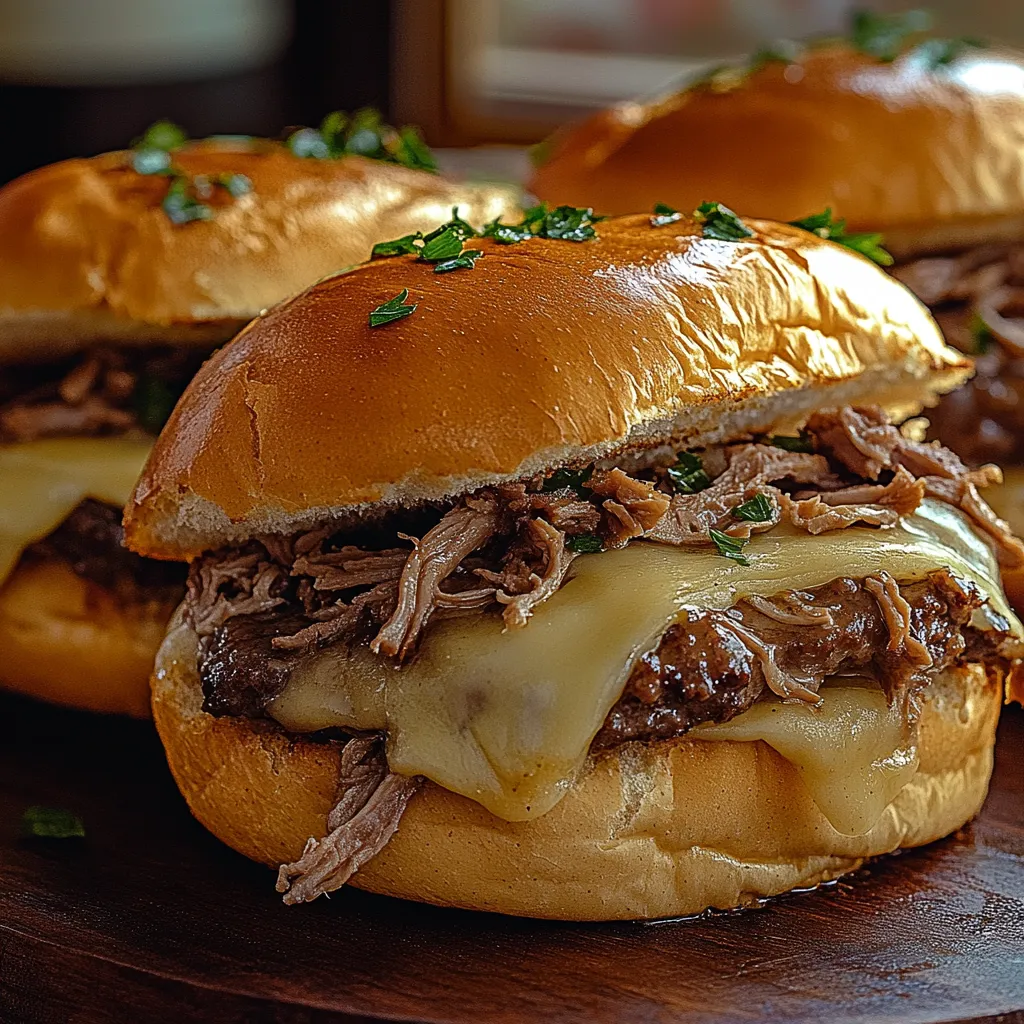 Two sandwiches with meat and cheese.