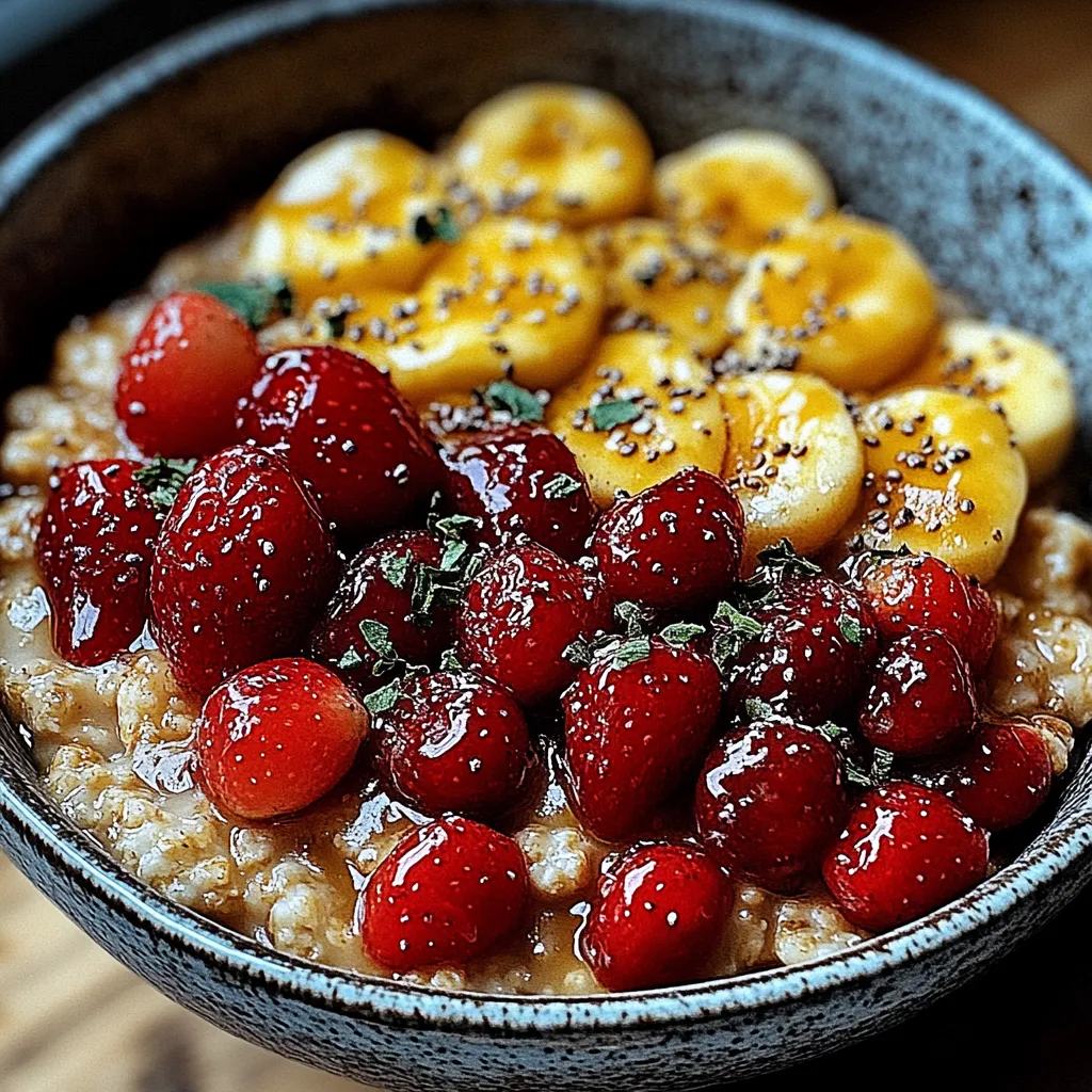 A bowl of oatmeal with bananas and strawberries.